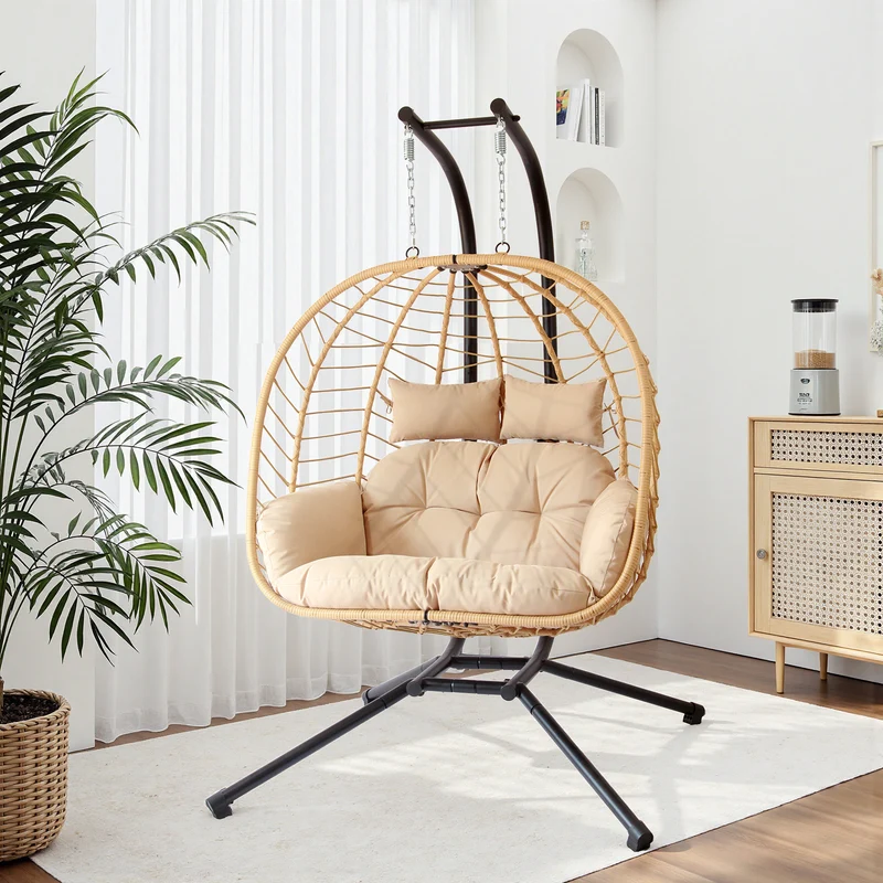 Modern Minimalist Galvanized Polyester PE Rattan Oval Double Swing Chair Backrest Armless For Living Room & Outdoor