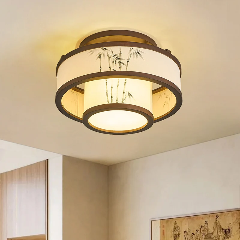 Traditional Chinese Rubberwood Fabric Cylindrical 4/5-Light Semi-Flush Mount Ceiling Light For Living Room & Bedroom