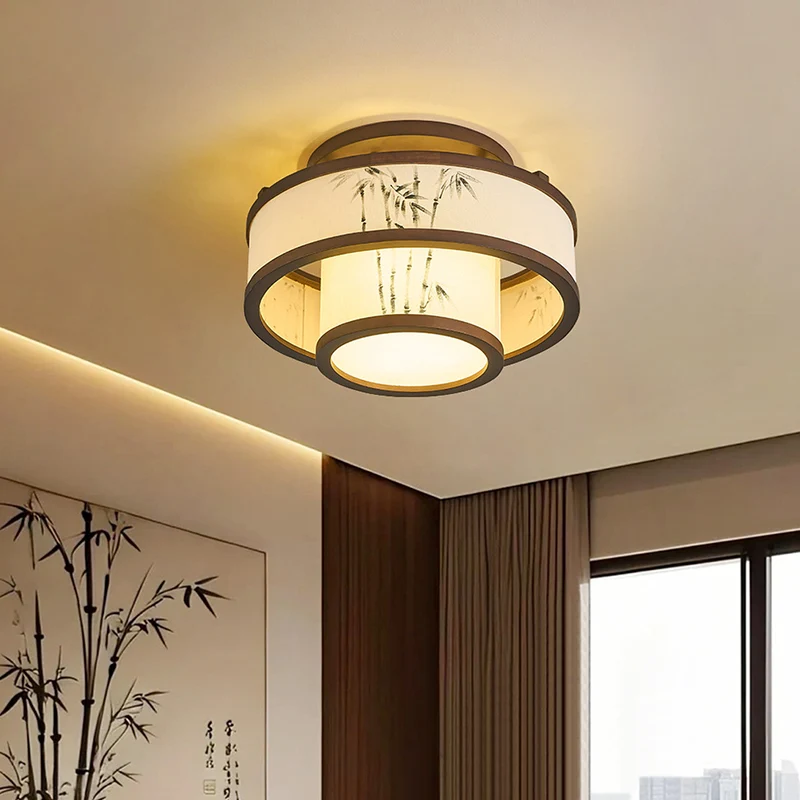 Traditional Chinese Rubberwood Fabric Cylindrical 4/5-Light Semi-Flush Mount Ceiling Light For Living Room & Bedroom