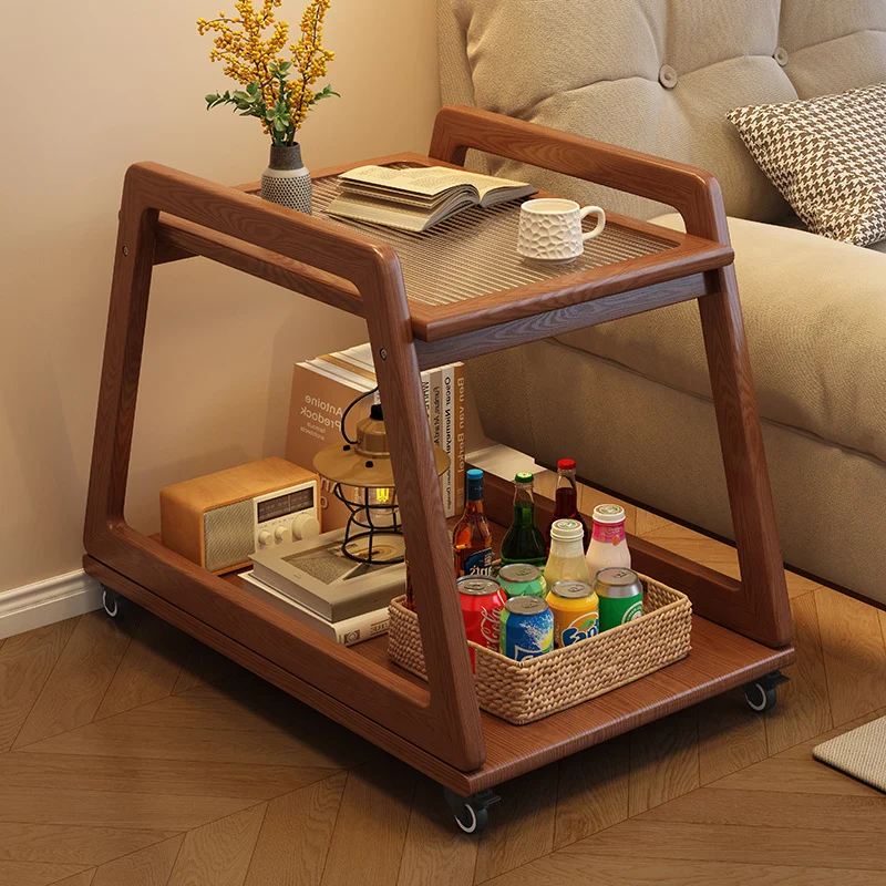 Modern Minimalist Rectangular Glass Rubberwood Movable End Table 2-Tier For Living Room