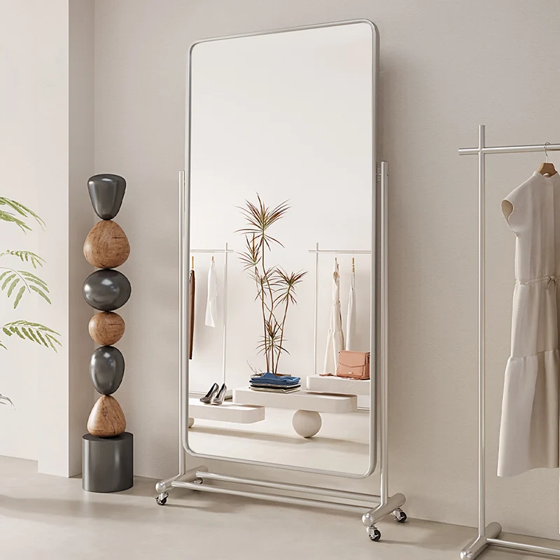 Modern Minimalist Rectangular Stainless Steel Glass Mobile Full-Length Floor Mirror For Living Room