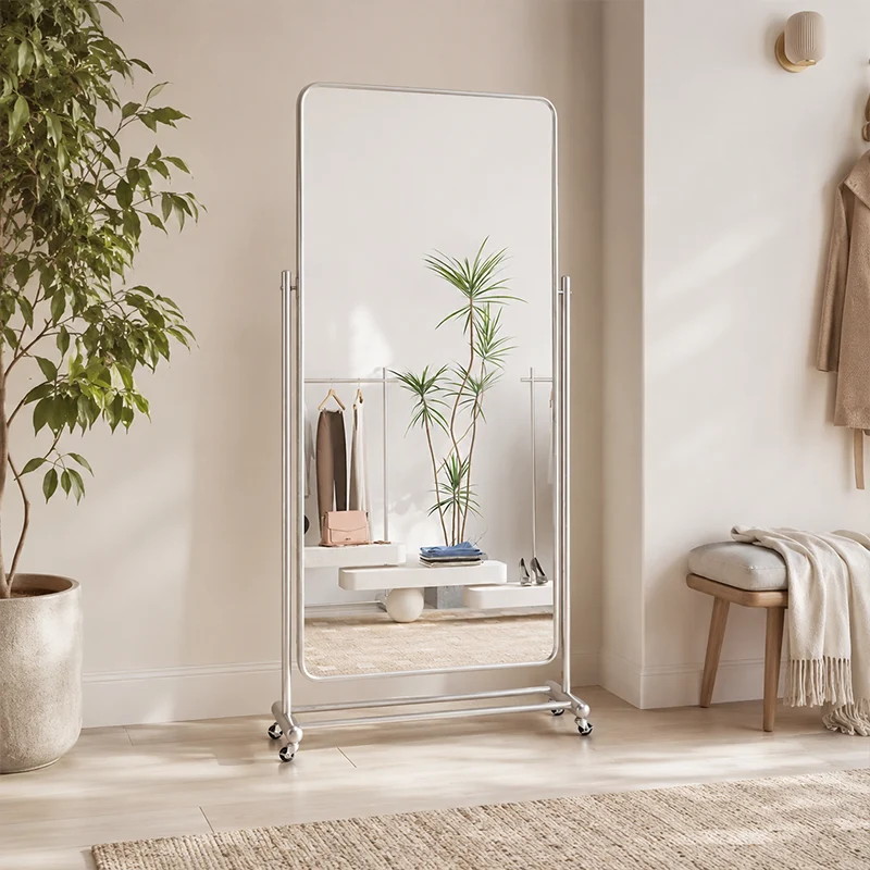 Modern Minimalist Rectangular Stainless Steel Glass Mobile Full-Length Floor Mirror For Living Room