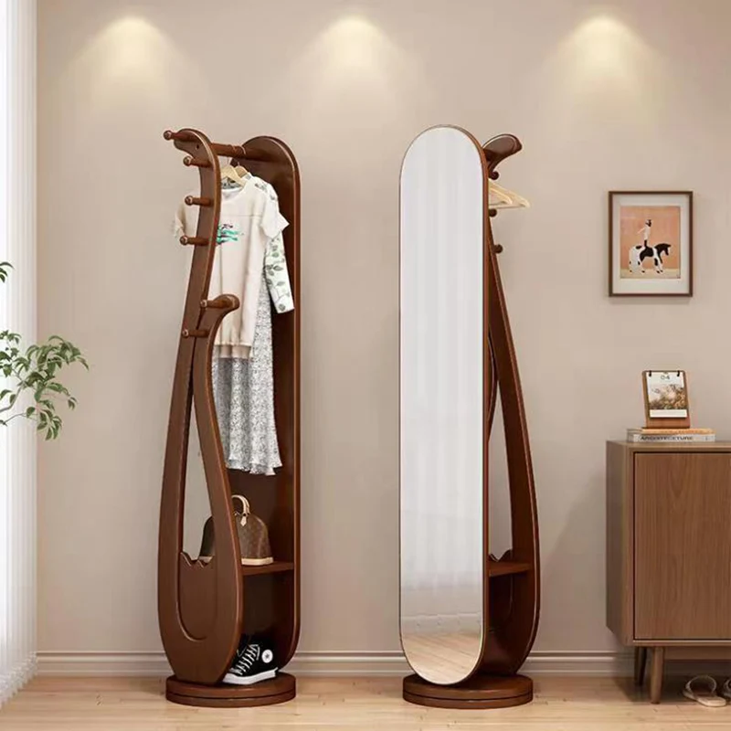 Traditional Chinese Round Pipa-Shaped Rubberwood Eucalyptus Wood Glass Rotating Full-Length Floor Mirror 2-Tier For Living Room