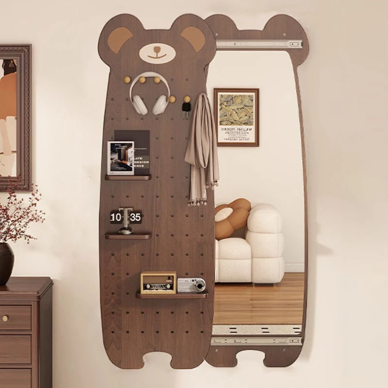 Contemporary Creative Particleboard Glass Bear-shaped Sliding Wall Mirror With DIY Pegboard Storage For Bedroom & Living Room