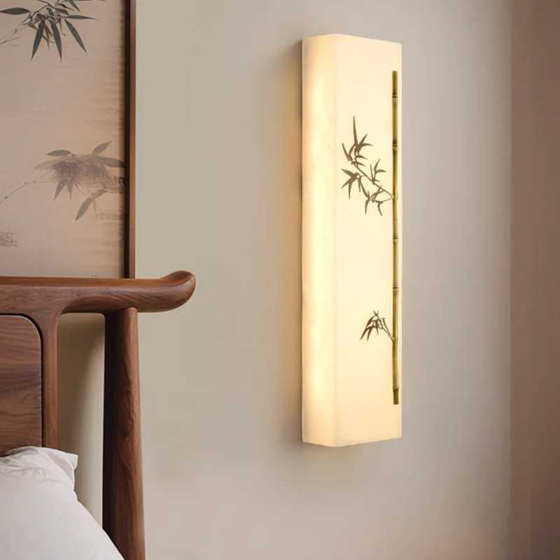 Traditional Chinese Copper Marble Rectangular Bamboo Pattern LED Wall Sconce Lamp For Bedroom
