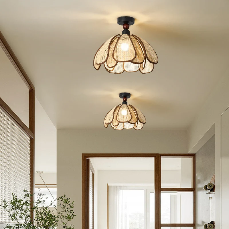 Traditional Japanese Hardware Rattan Weaving Petal 1-Light Semi-Flush Mount Ceiling Light For Hallway