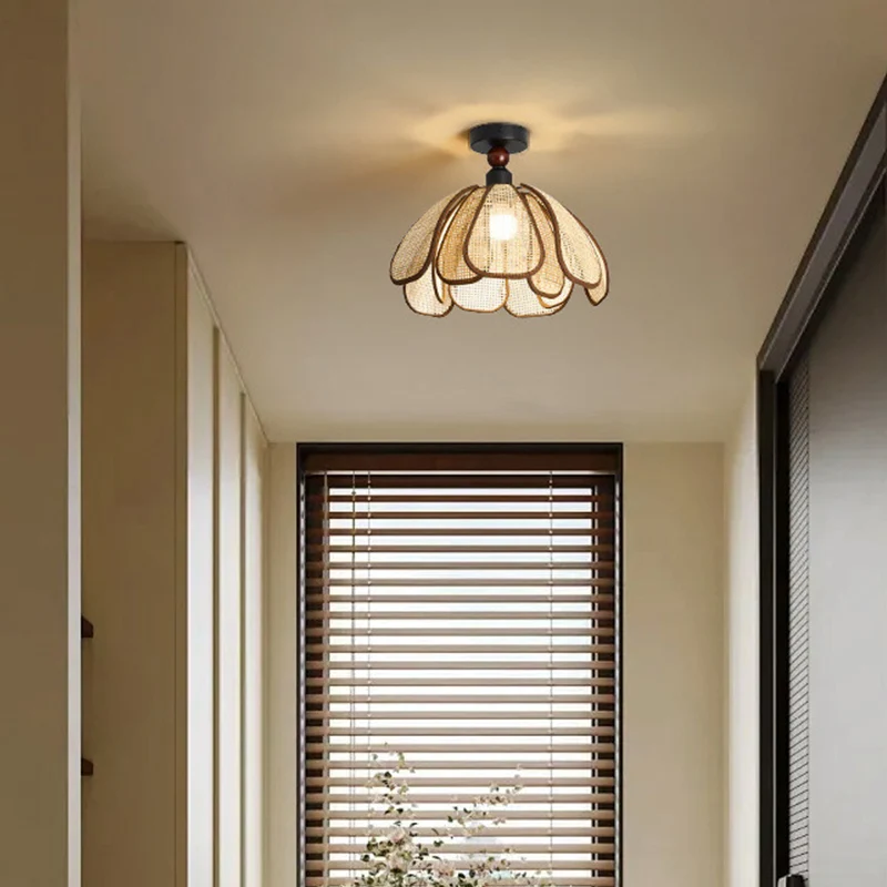 Traditional Japanese Hardware Rattan Weaving Petal 1-Light Semi-Flush Mount Ceiling Light For Hallway