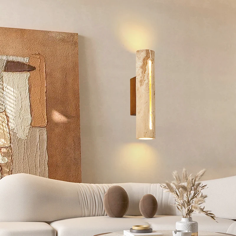 Contemporary Nordic Cylinder Yellow Travertine Solid Wood 1-Light Wall Sconce Lamp For Living Room & Bedroom