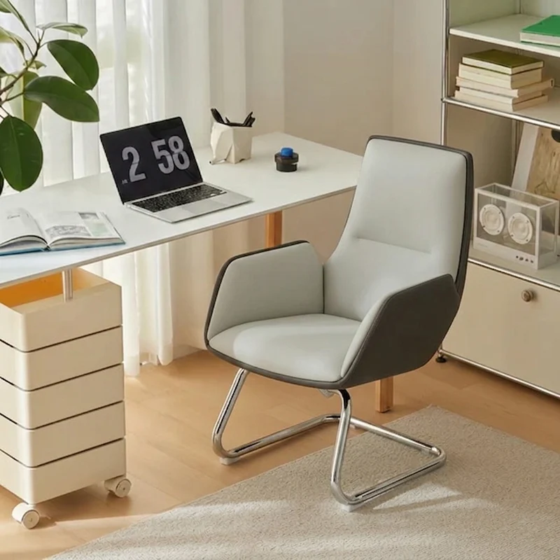 Modern Minimalist Ergonomic Mid Back Leather Plywood & Metal Office Chair - Upholstered Desk Chair With Armrests Comfortable Reception Chair For Home Office