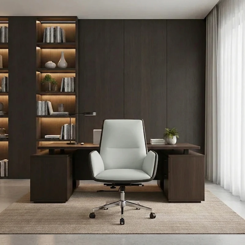 Modern Minimalist Ergonomic Leather Plywood Metal Office Chair Adjustable Swivel Desk Chair With Wheels - Mid-Back Comfortable Task Chair For Home Office
