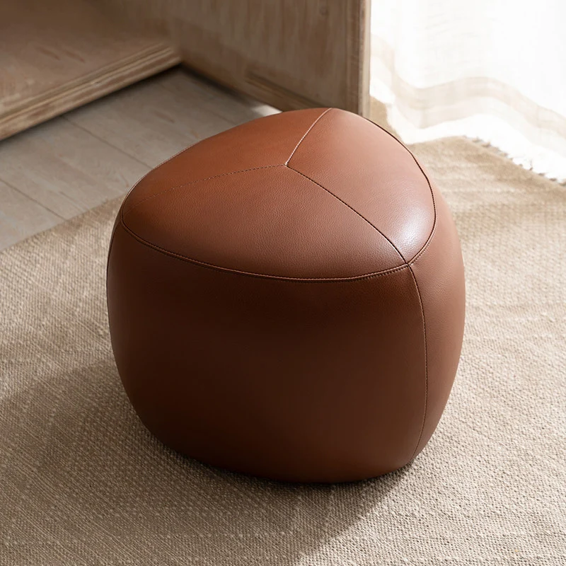 Contemporary Scandinavian Pine Wood Synthetic Leather Sponge Rounded Triangular Low Stool Backless Armless For Living Room