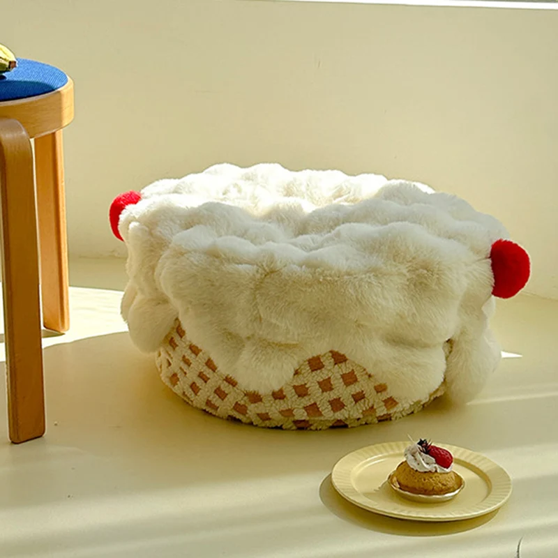 Contemporary Nordic Sherpa Fabric Faux Rabbit Fur EPP Cartoon Cake Removable & Washable Design Low Stool Backless Armless For Living Room & Bedroom