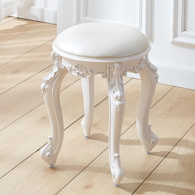 Traditional French Cylindrical Round ABS Plastic PU Leather Velvet Vanity Stool Backless Armless For Bedroom
