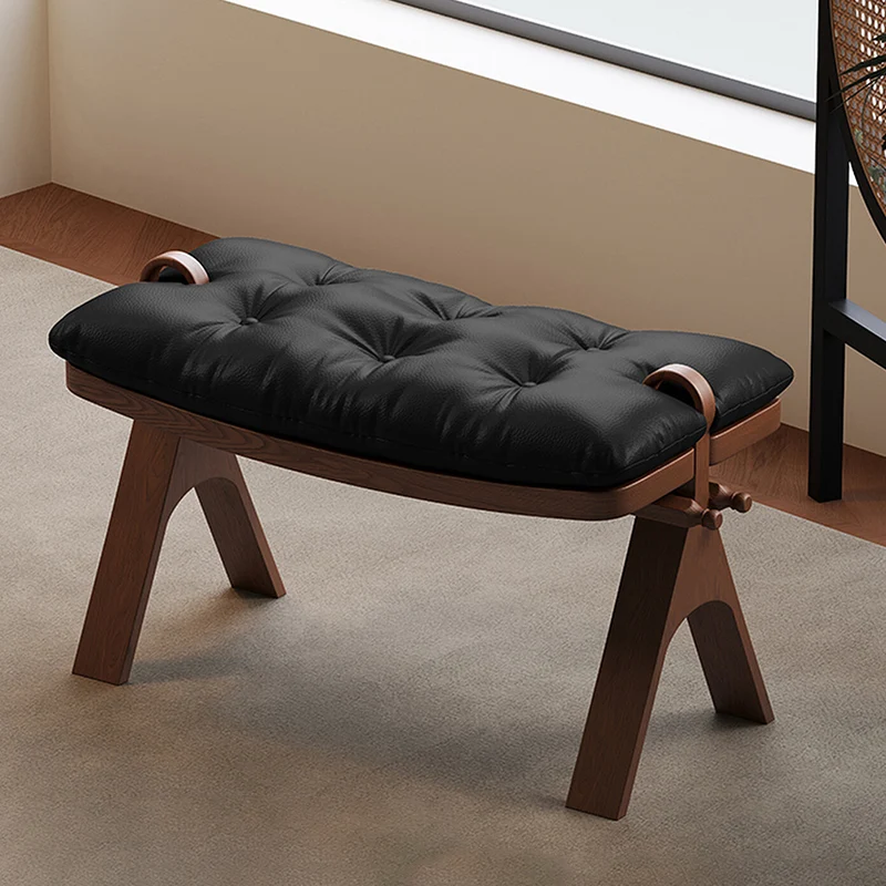 Contemporary Retro Top Grain Leather Curved Rectangular Low Stool With Solid Wood Base For Bedroom & Living Room