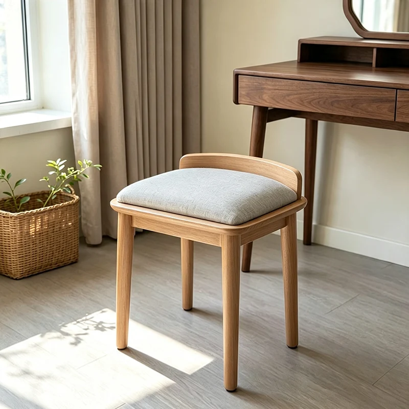 Modern Minimalist Solid Wood Fabric Rounded Corner Vanity Stool With Backrest For Bedroom & Living Room
