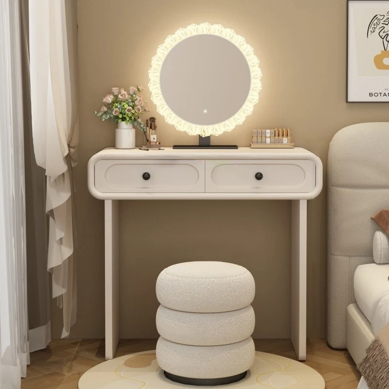 Modern Minimalist Plywood Pine Glass Rounded Rectangular Makeup Vanity 2-Drawer For Bedroom