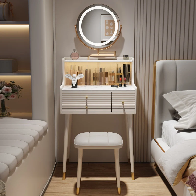 Traditional French MDF Iron Glass Sintered Stone Rectangular Fluted Cylindrical Makeup Vanity 3-Drawer For Bedroom