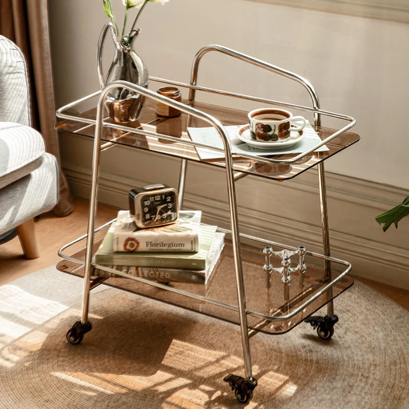 Contemporary Industrial Tempered Glass Stainless Steel Trapezoidal Movable End Table 2-Layer For Living Room