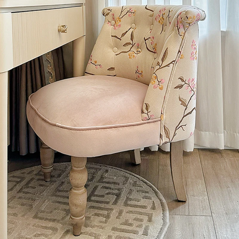 Traditional French Velvet Fabric Solid Wood Upholstered Rounded Vanity Stool With Backrest For Bedroom