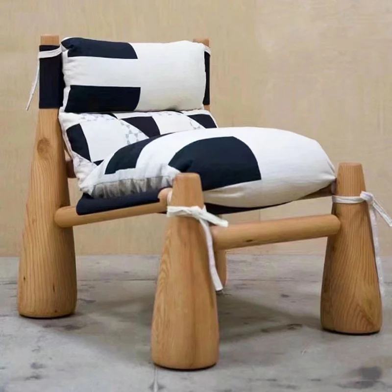 Contemporary Nordic Cotton-linen Saddle-Style Faux Leather Ash Wood Square Accent Chair Removable Cushion Backrest For Living Room