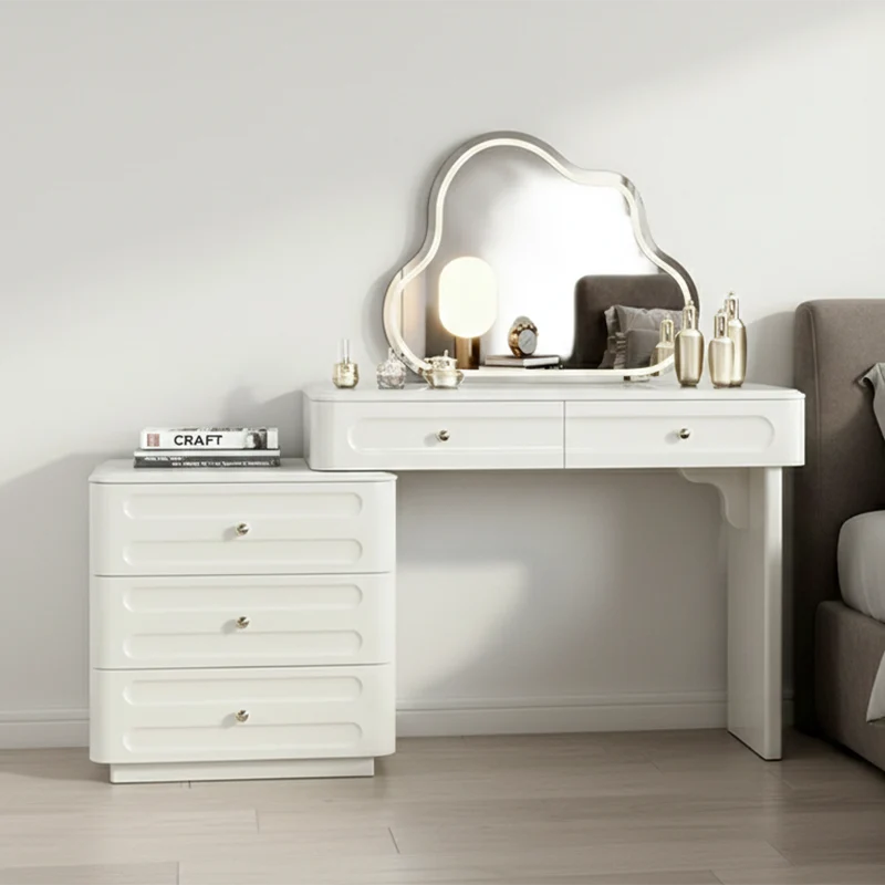 Adjustable & Sturdy Makeup Vanity - Nordic Style, White Sturdy MDF & Solid Wood Particle Board With 5 Drawers For Bedroom