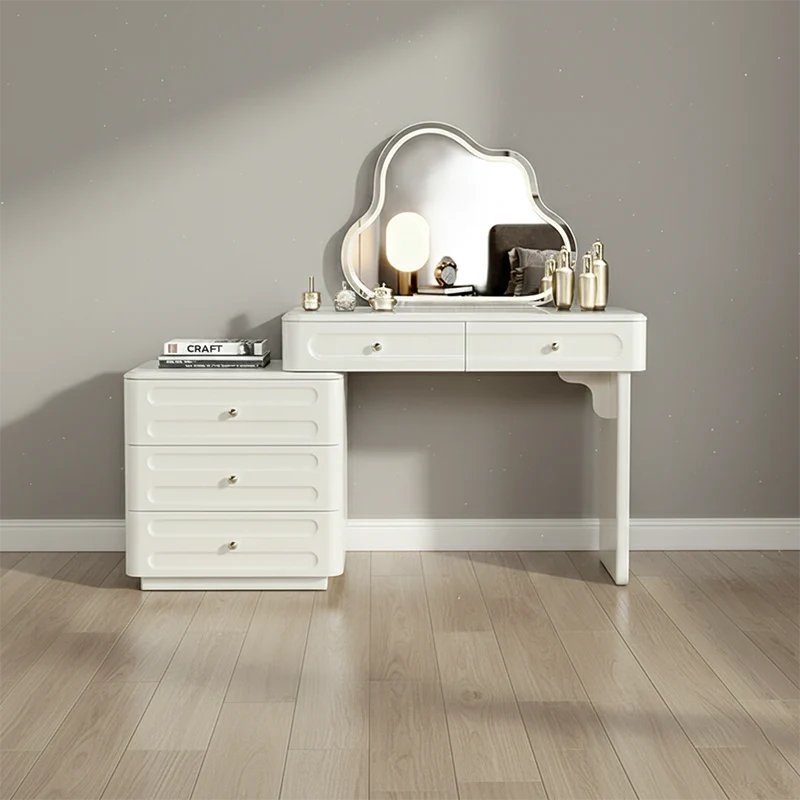 Adjustable & Sturdy Makeup Vanity - Nordic Style, White Sturdy MDF & Solid Wood Particle Board With 5 Drawers For Bedroom