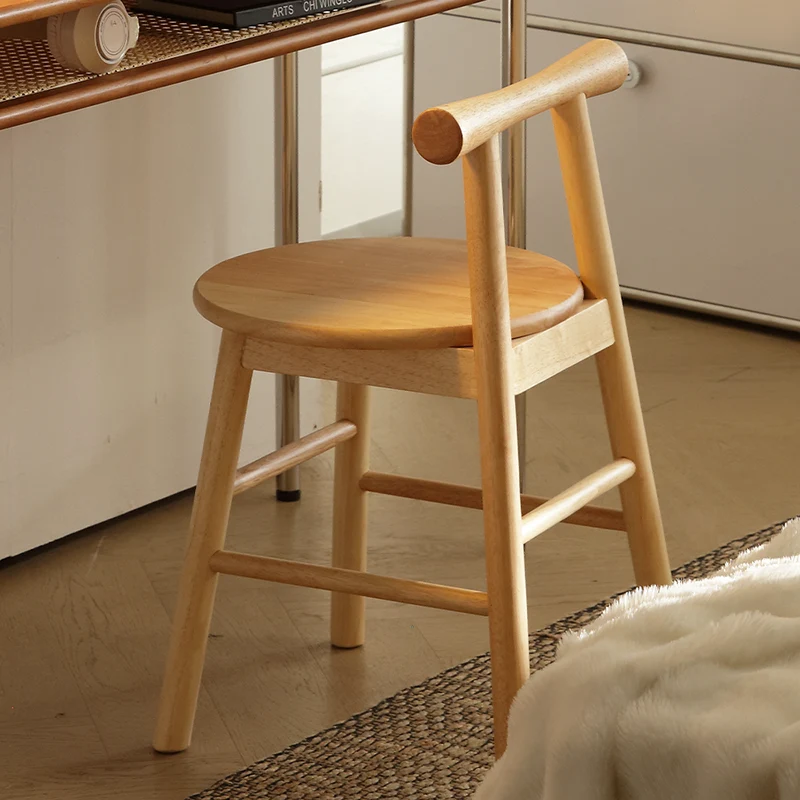 Traditional French Round Solid Rubberwood Sherpa Fabric Elegant Vanity Stool Backrest Armless For Bedroom