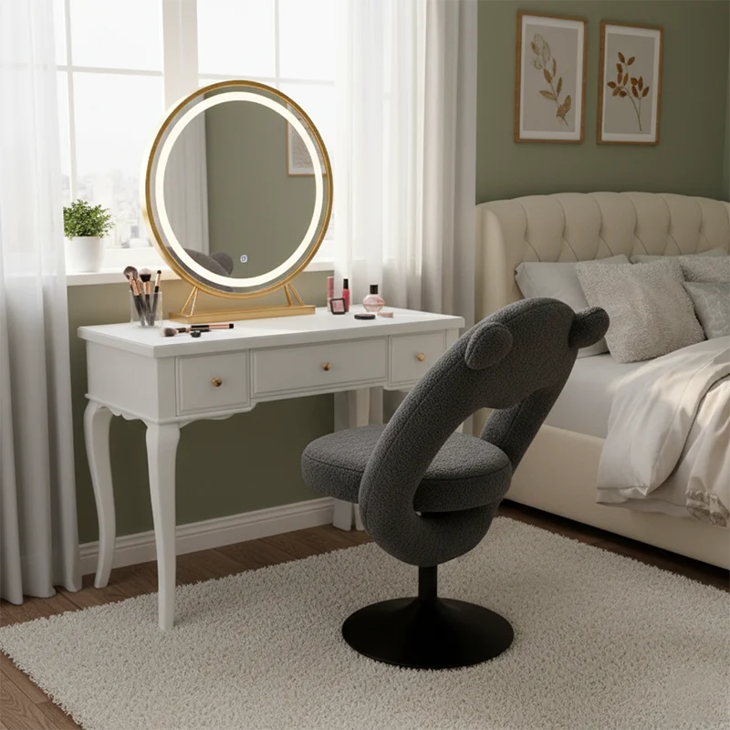 Contemporary Nordic Foldable Cartoon Bear Teddy Fleece Sponge Carbon Steel Liftable Vanity Stool Backrest For Bedroom