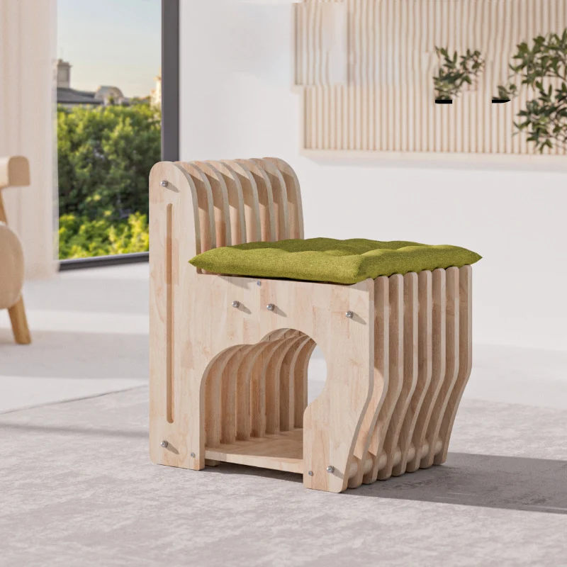 Modern Minimalist Rubberwood Wave Human-Pet Sharing Low Stool Backrest Armless For Living Room