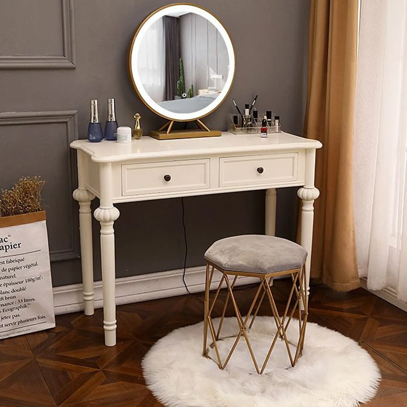 Modern Minimalist Engineered Wood Pine Rectangular Round Makeup Vanity With 2 Drawers For Bedroom