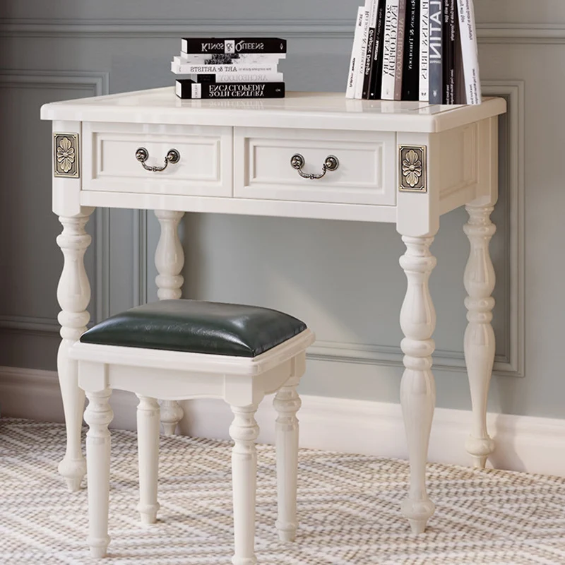 Modern Minimalist Solid Wood Rectangular Cylindrical Leg Makeup Vanity With 2 Drawers For Bedroom