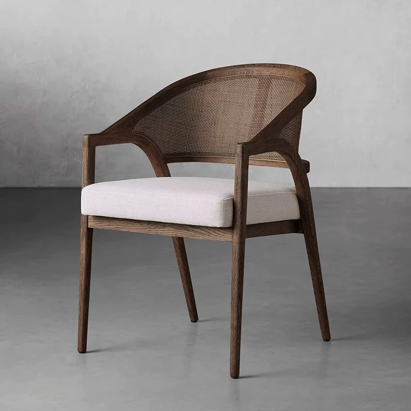 Traditional Japanese Square Ash Wood Rattan Cotton Linen Backrest Armrest Dining Chair For Dining Room