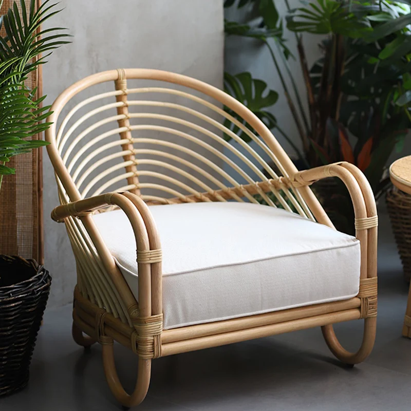 Contemporary Boho Natural Rattan Accent Chair - Curved Handwoven Indonesian Rattan Armchair With Waterproof Fabric Cushion For Living Room