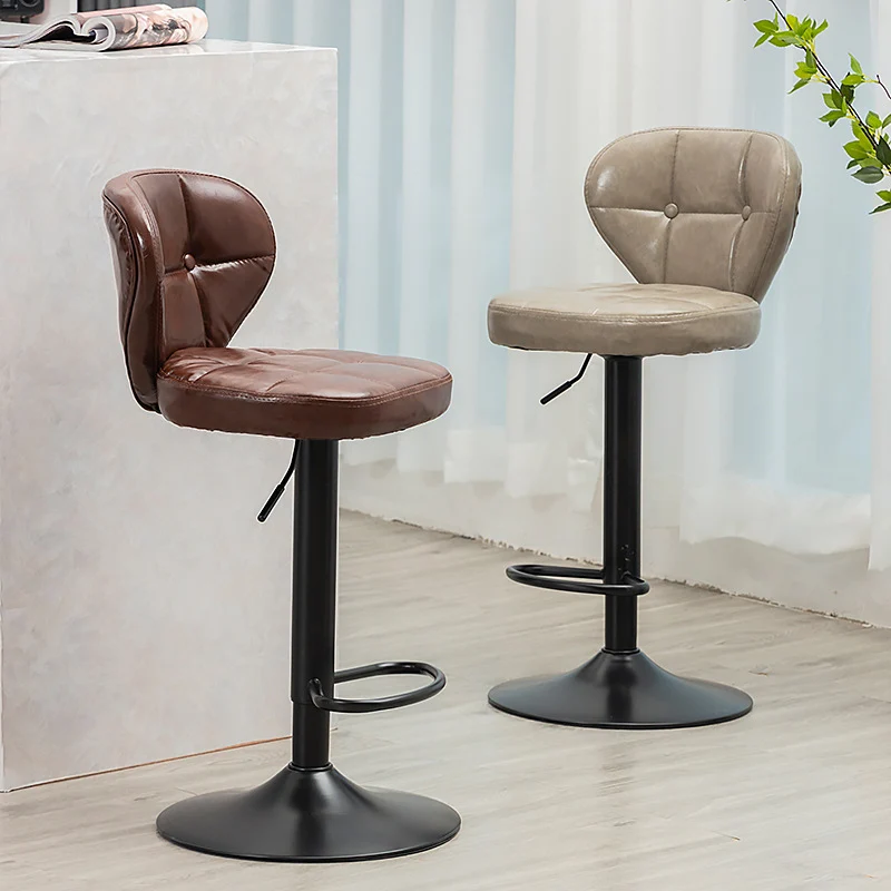 Contemporary Luxury Curved Cylindrical Adjustable Height Faux Oil Wax Leather Metal Bar Stool Backrest Armless For Dining Room & Kitchen