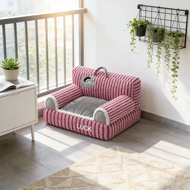 Modern Minimalist Rectangular Striped Fleece Pet Bed Cat Bed Accent Chair Backrest Armrest For Living Room