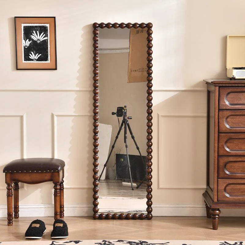 Traditional Vintage Rectangular Rubberwood Plywood Glass Accent Full-Length Mirror For Entryways
