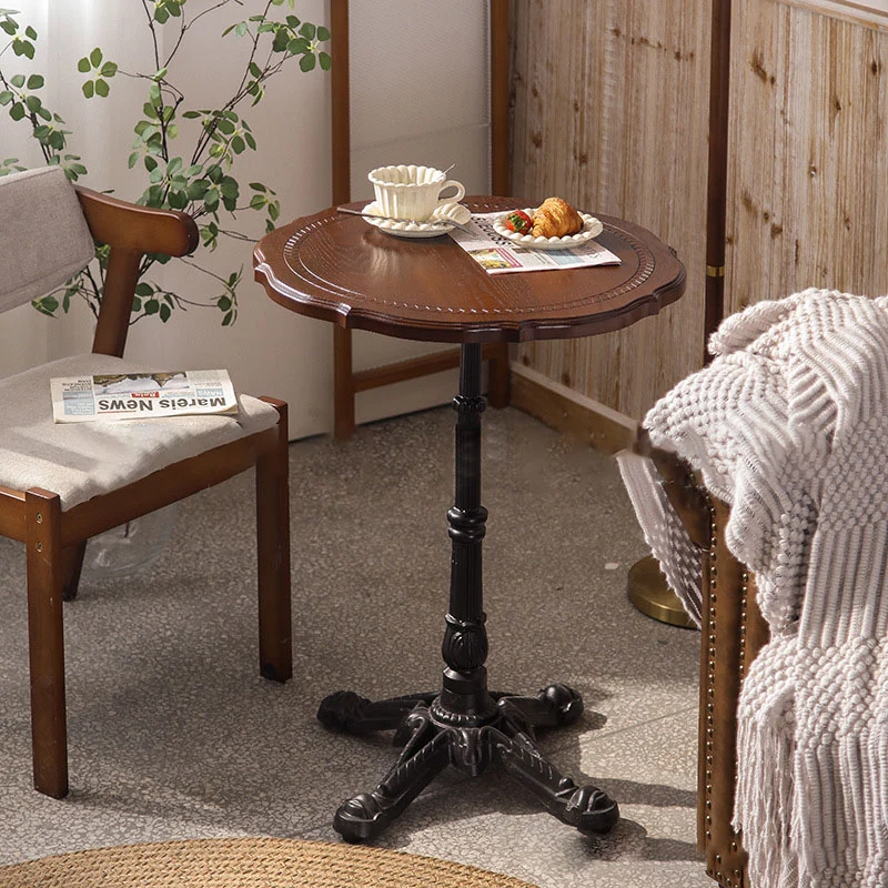 Traditional Chinese Ash Wood Veneer Iron Floral Round End Table 1 Tier For Living Room