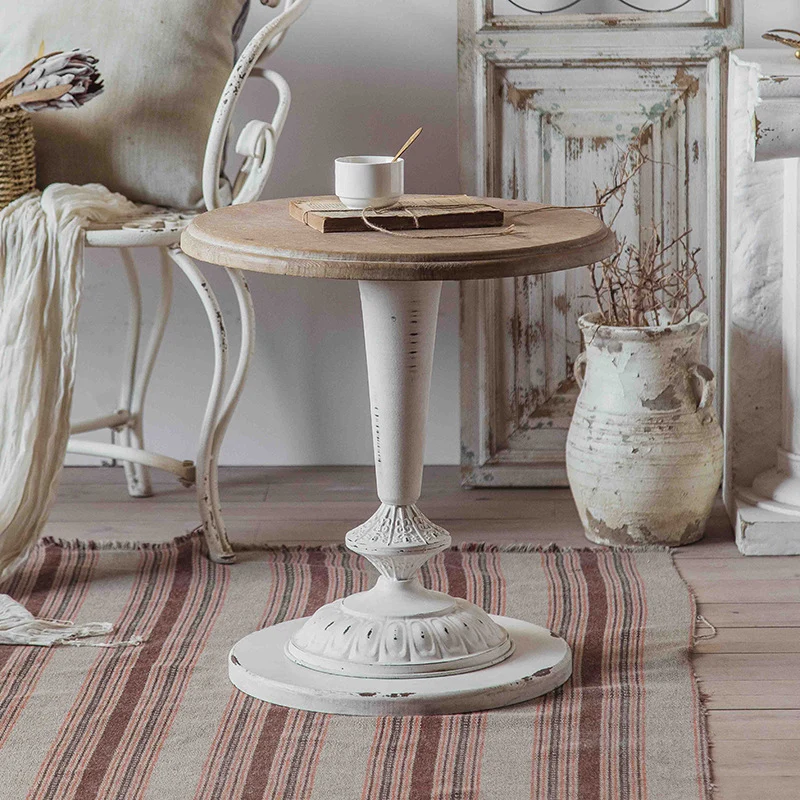 Traditional French Iron Fir Wood MDF Carved Round End Table With 1-Tier For Living Room