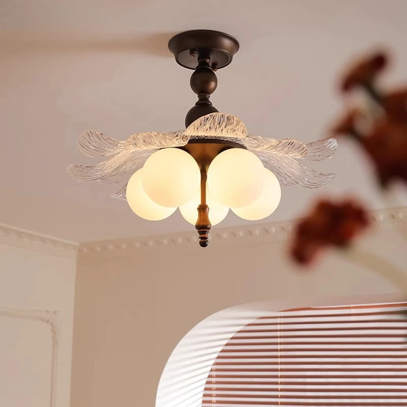 Contemporary Retro Iron Acrylic Glass Bud-Shaped 5-Light Semi-Flush Mount Ceiling Light For Living Room
