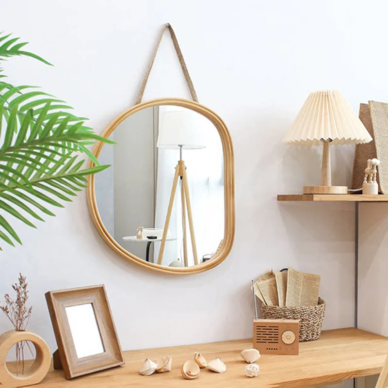 Contemporary Nordic Plywood Oval Wooden Wall Mirror Makeup Vanity Mirror For Bathroom Bedroom