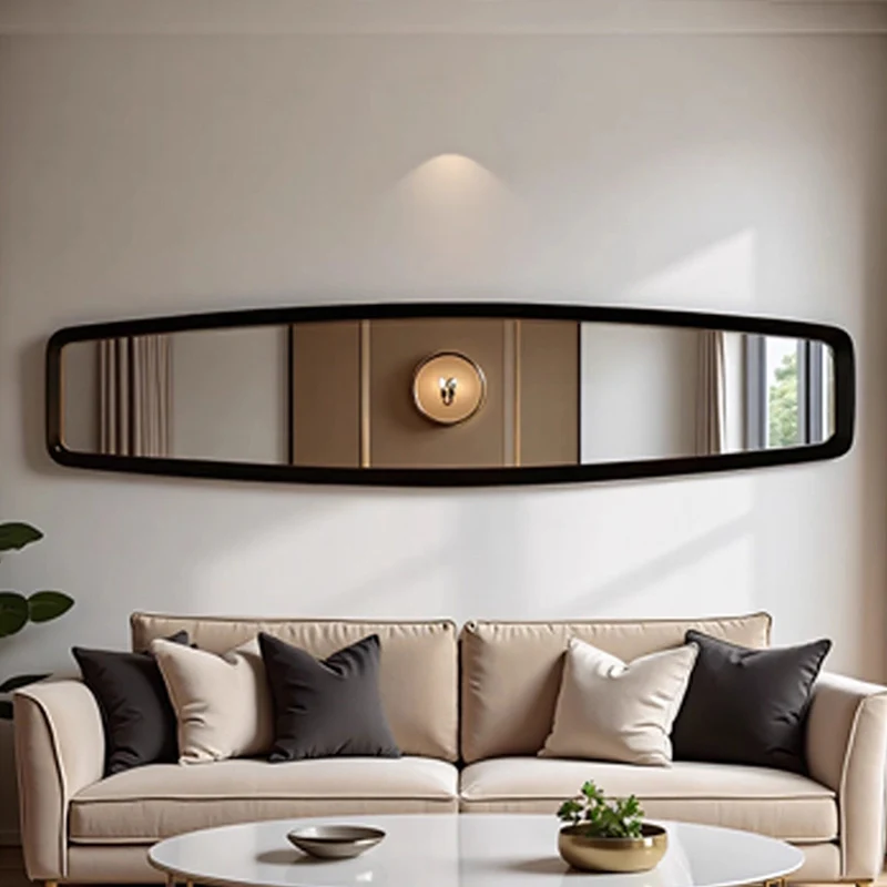 Contemporary Retro MDF & Glass Rounded-Corner Long Wall Mirror For Living Room