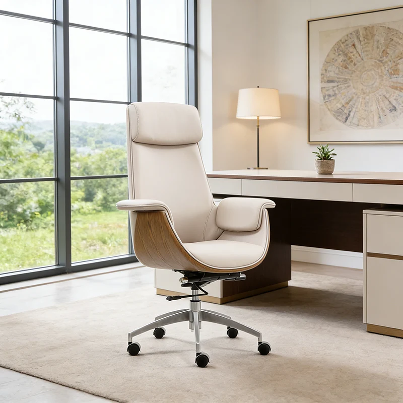 Modern Executive Premium Brazilian Cowhide Leather Contact Surface Office Chair - Rectangular Curved High Back PU Caster Manager Desk Chair Armrest For Home Office