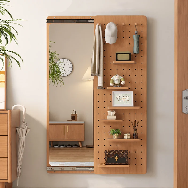 Modern Minimalist Solid Wood Metal Glass Rounded Rectangle Wall Mirror With Sliding Pegboard Storage & Hooks For Entryway