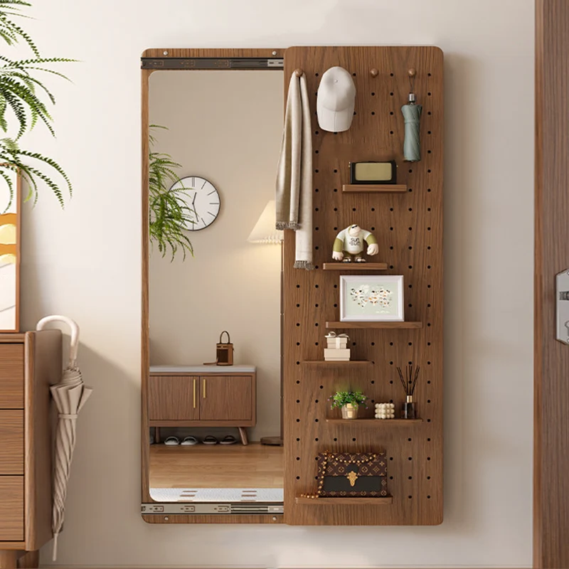 Modern Minimalist Solid Wood Metal Glass Rounded Rectangle Wall Mirror With Sliding Pegboard Storage & Hooks For Entryway
