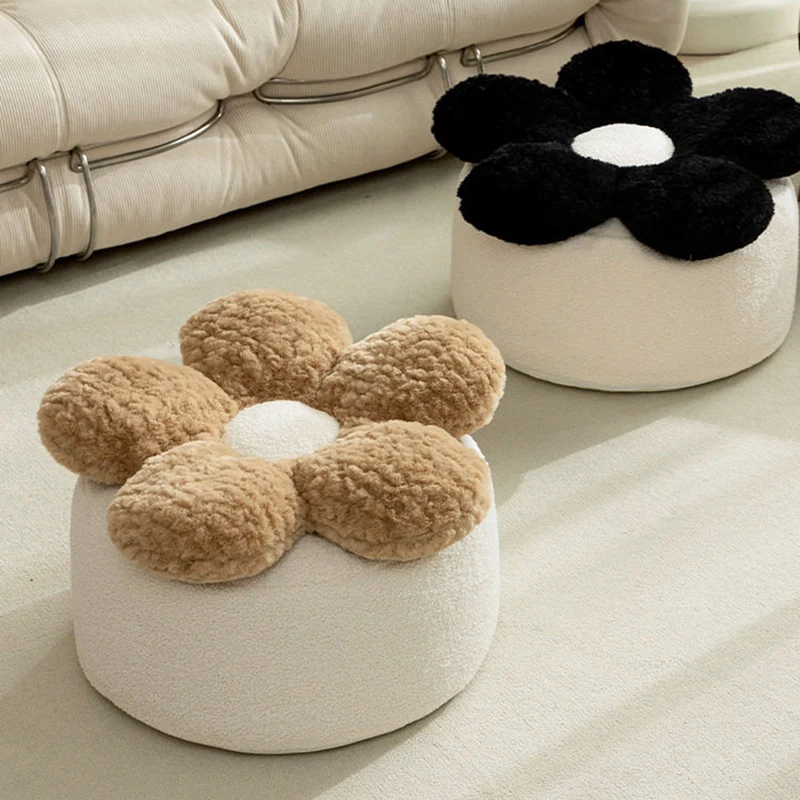 Contemporary Nordic Soft Teddy Fleece EPP Beads Petal Removable & Washable Design Low Stool Backless Armless For Living Room