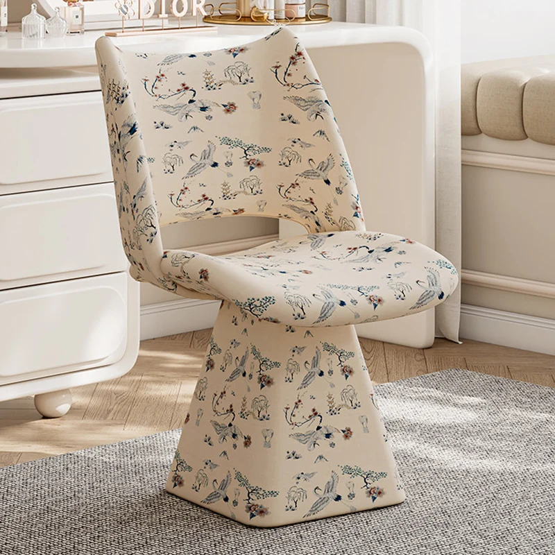 Traditional Chinese Fabric Sponge Solid Plywood Arc Trapezoidal Rotatable Vanity Stool Backrest Armless For Bedroom