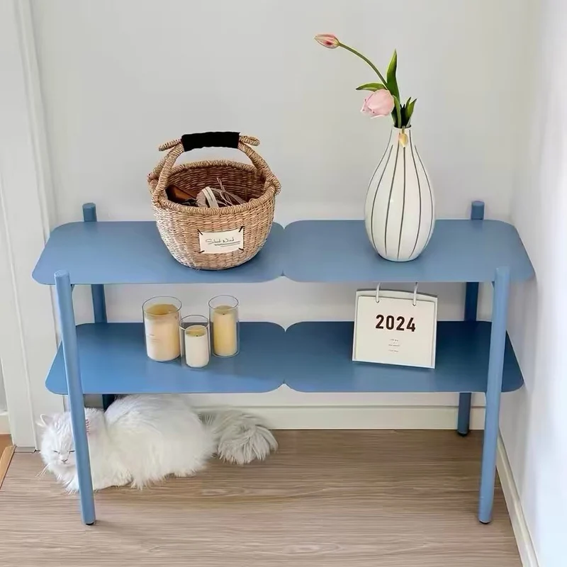 Modern Minimalist Iron Rectangular Blue Storage Shelf With 2-Tier Organizer For Living Room