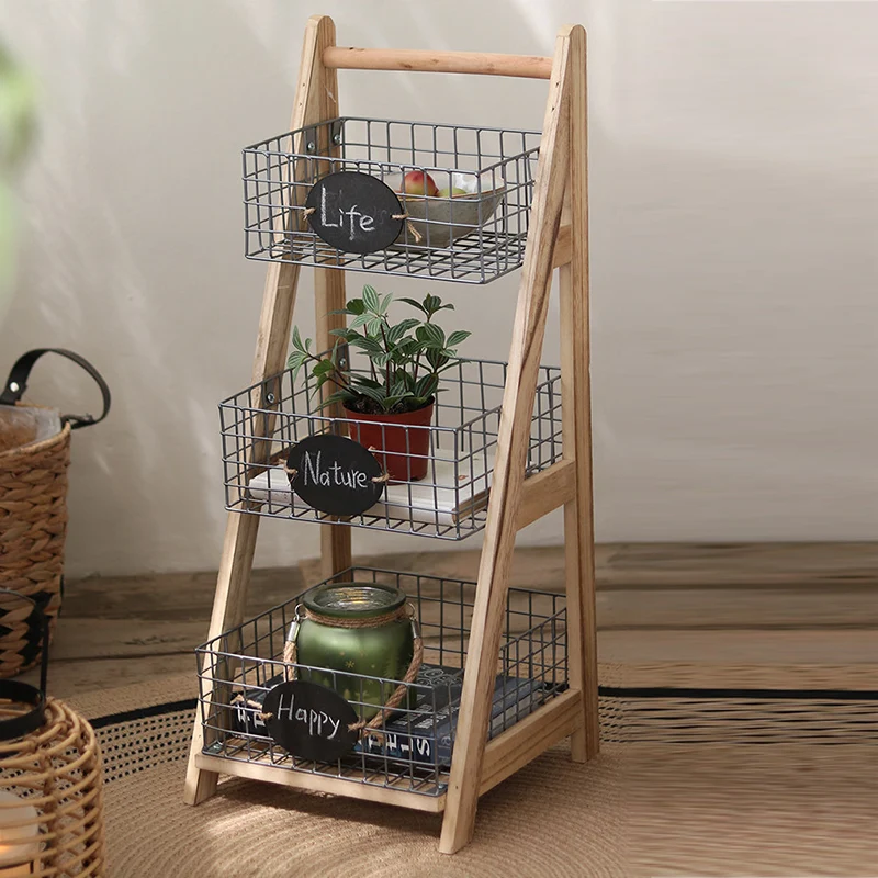 Modern Minimalist Iron Fir Wood Triangular Storage Shelf 3-Basket For Living Room