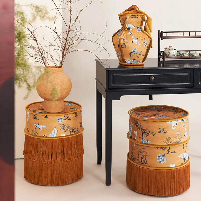 Traditional Chinese Chenille Pine Wood Cylindrical Removable & Washable Design Vanity Stool Backless Armless For Bedroom