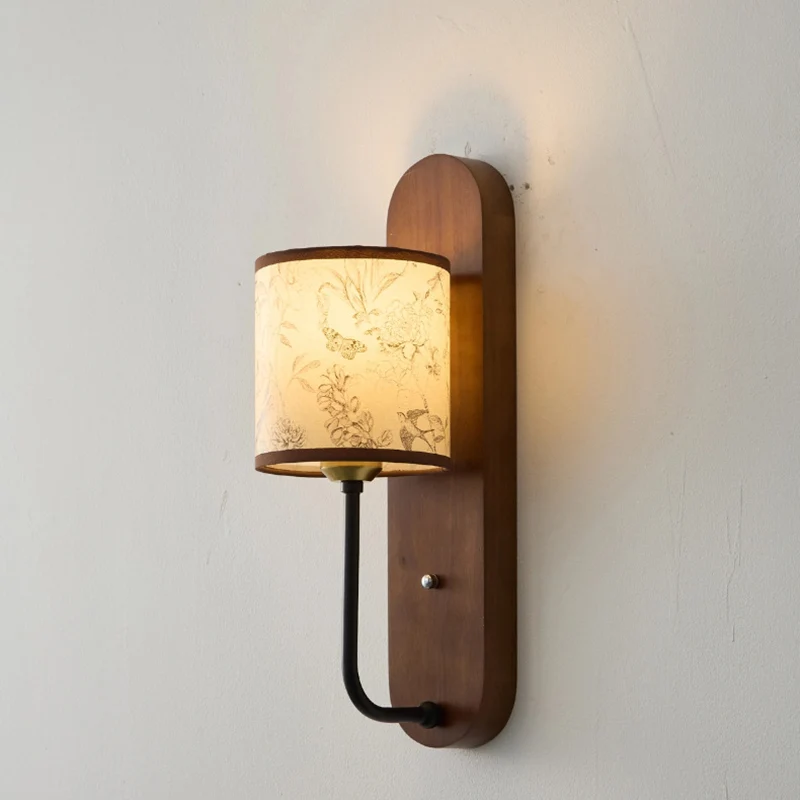 Contemporary Retro Rubberwood Metal Fabric Cylindrical Shade 1-Light Wall Sconce Lamp For Bedroom